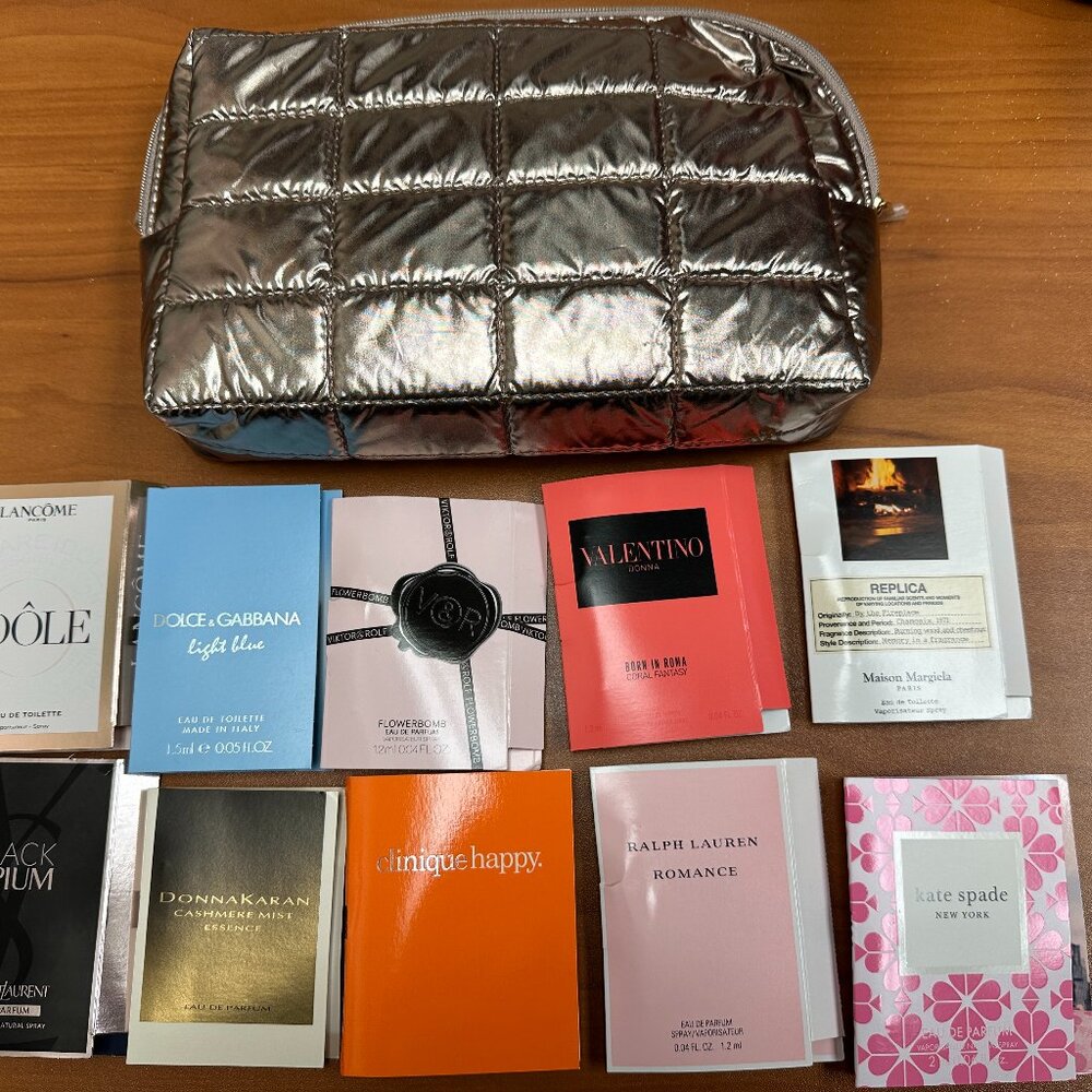 Gold Metallic Sephora Makeup Bag w/ 10 Designer Fragrance Samples